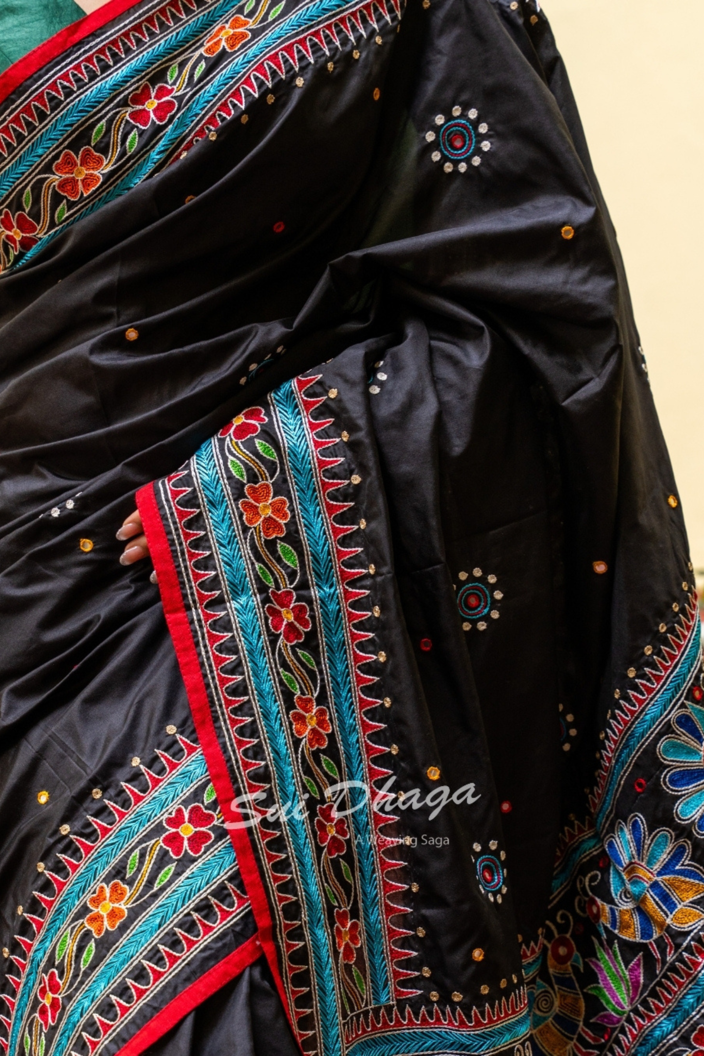 Kantha Stitch Black Pure Silk Saree