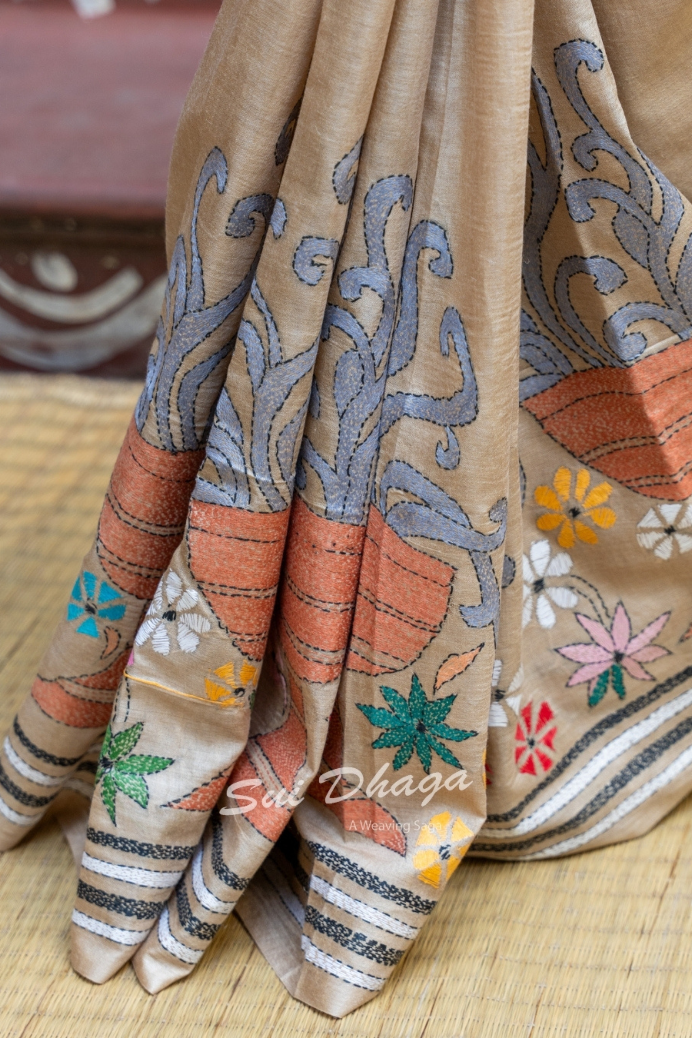 Kantha Stitch Tussar Silk Durga Puja Saree