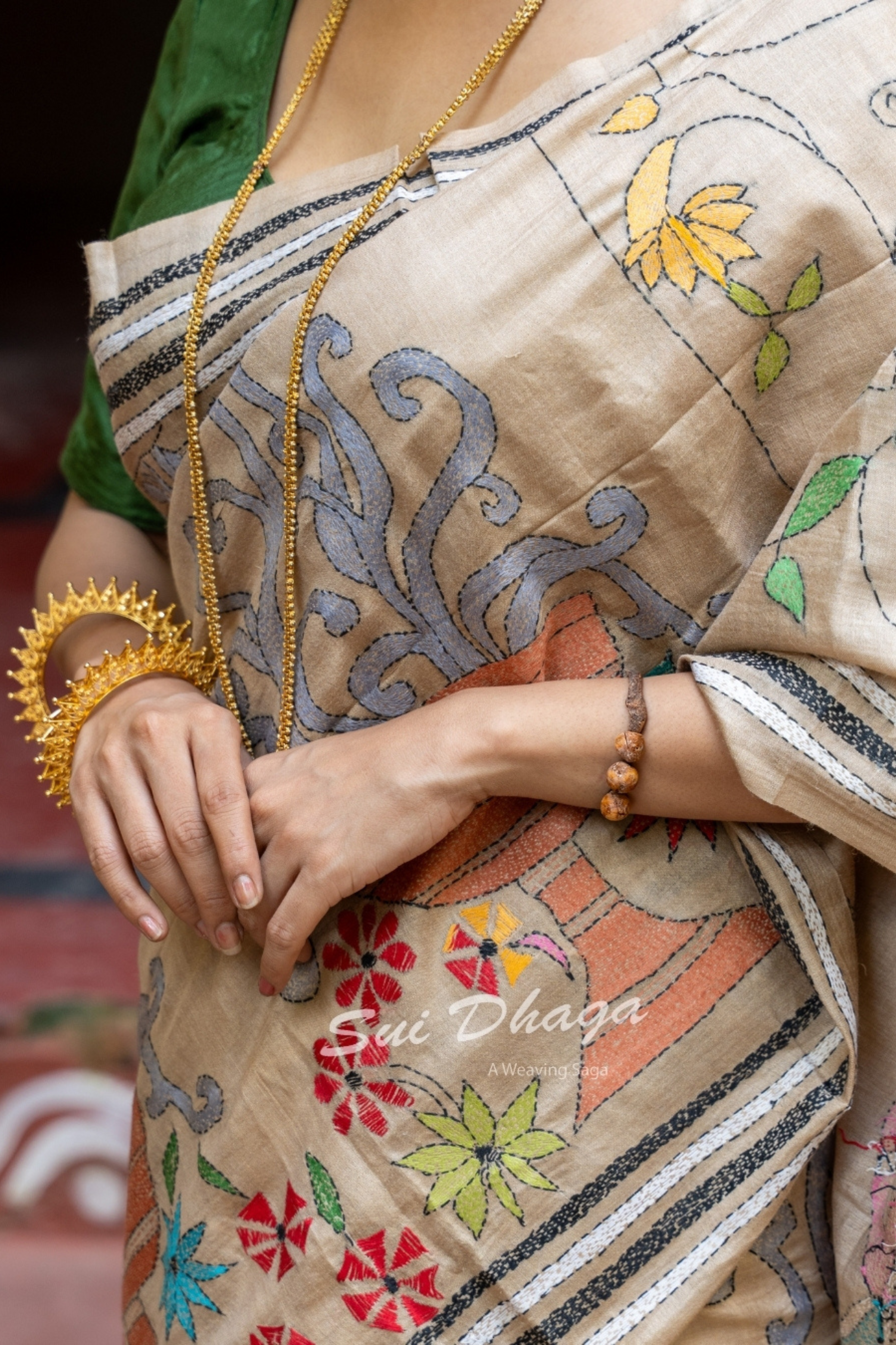 Kantha Stitch Tussar Silk Durga Puja Saree