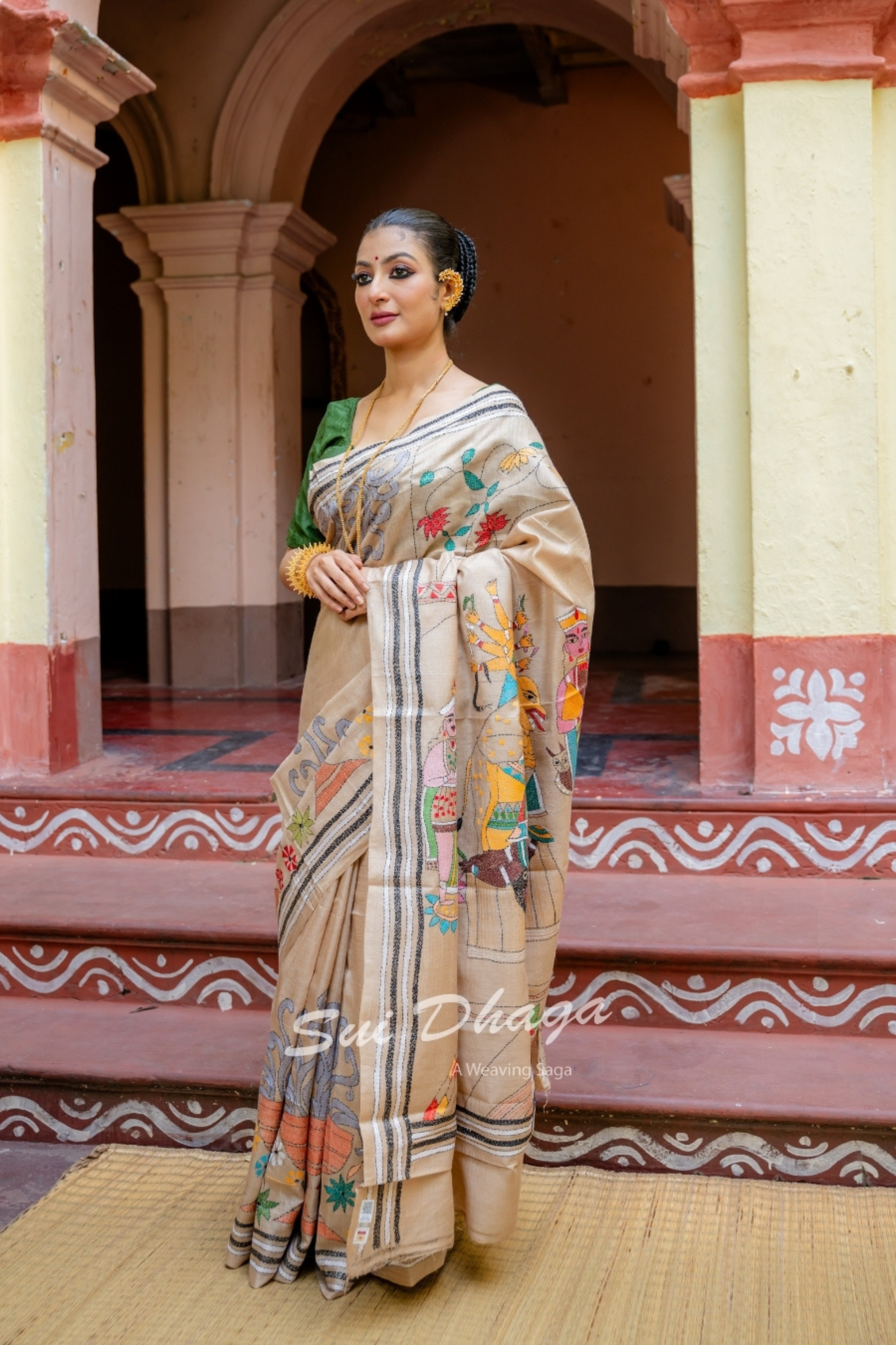 Kantha Stitch Tussar Silk Durga Puja Saree