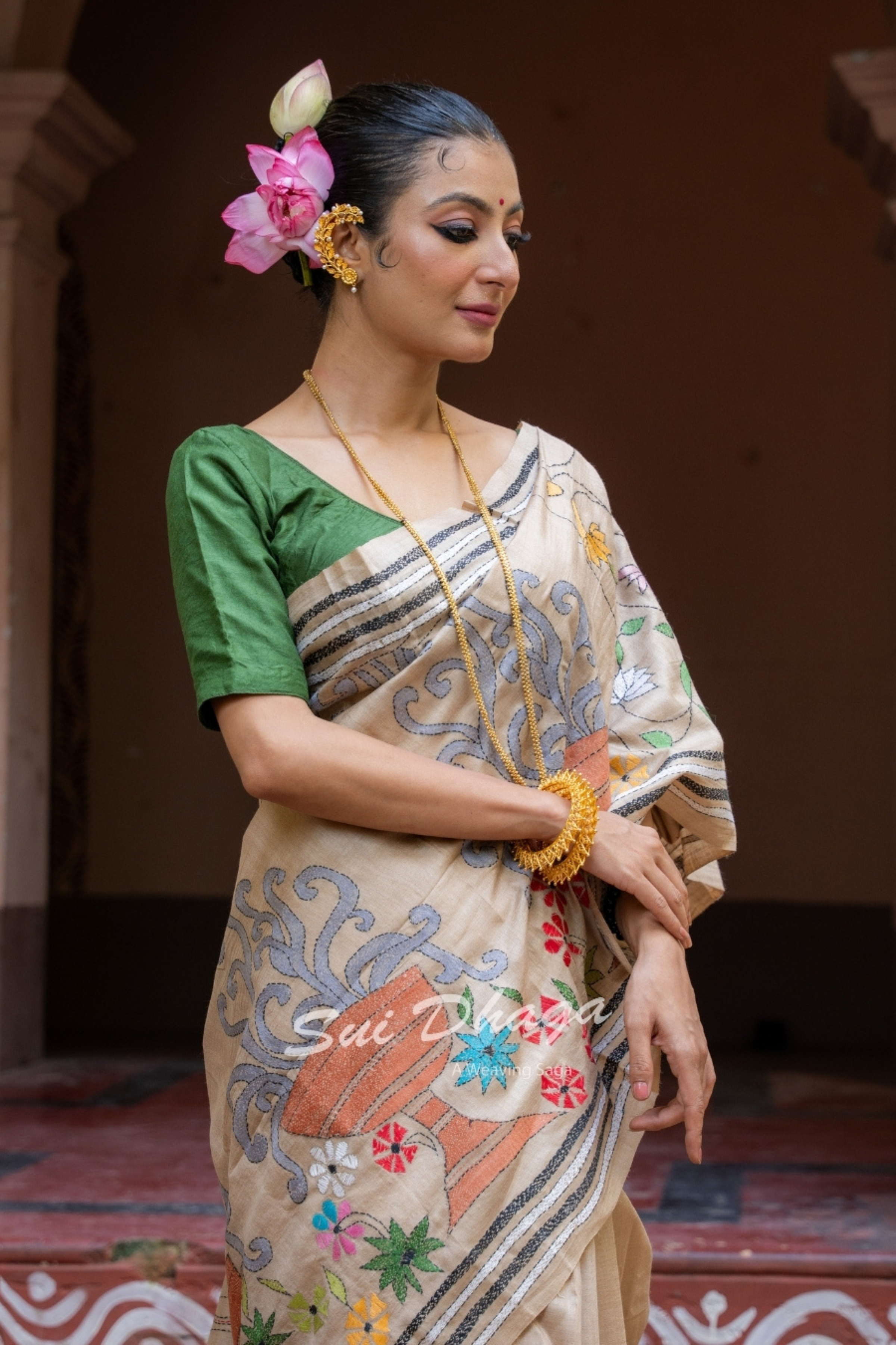 Kantha Stitch Tussar Silk Durga Puja Saree