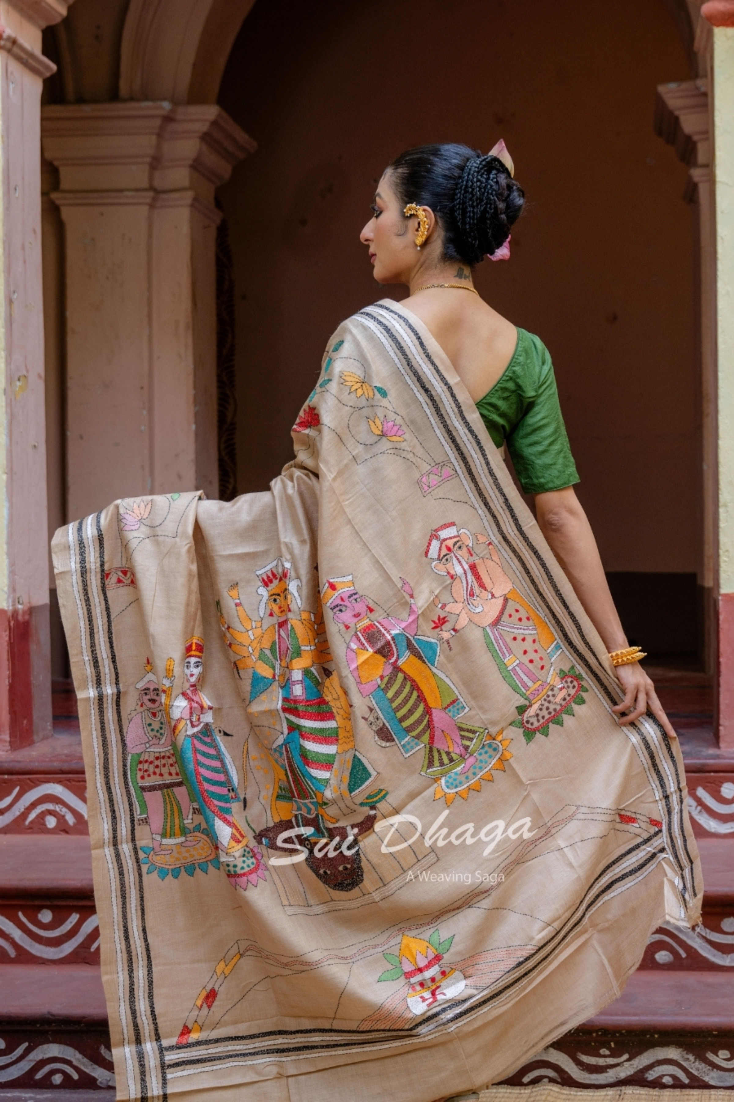 Kantha Stitch Tussar Silk Durga Puja Saree