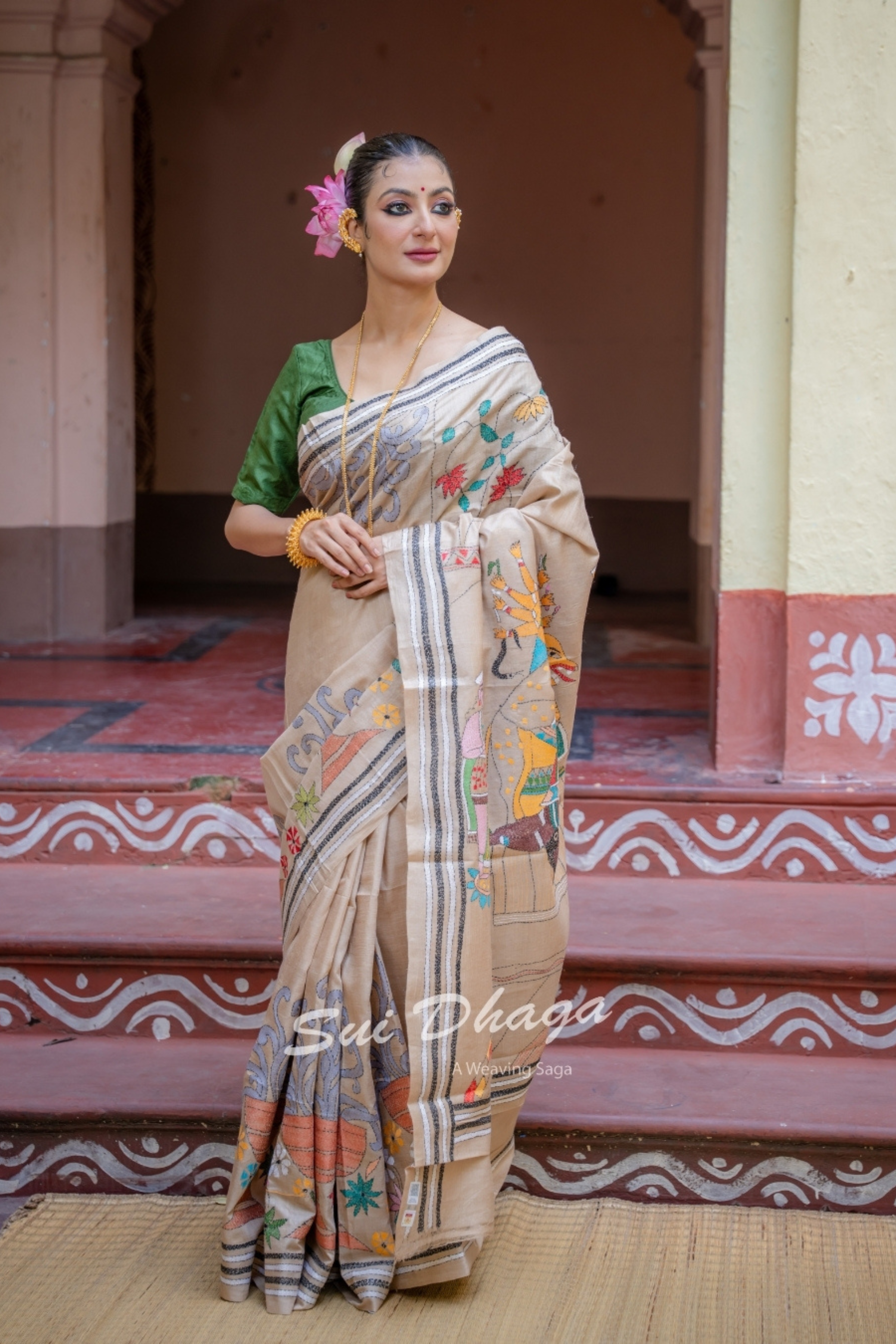 Kantha Stitch Tussar Silk Durga Puja Saree