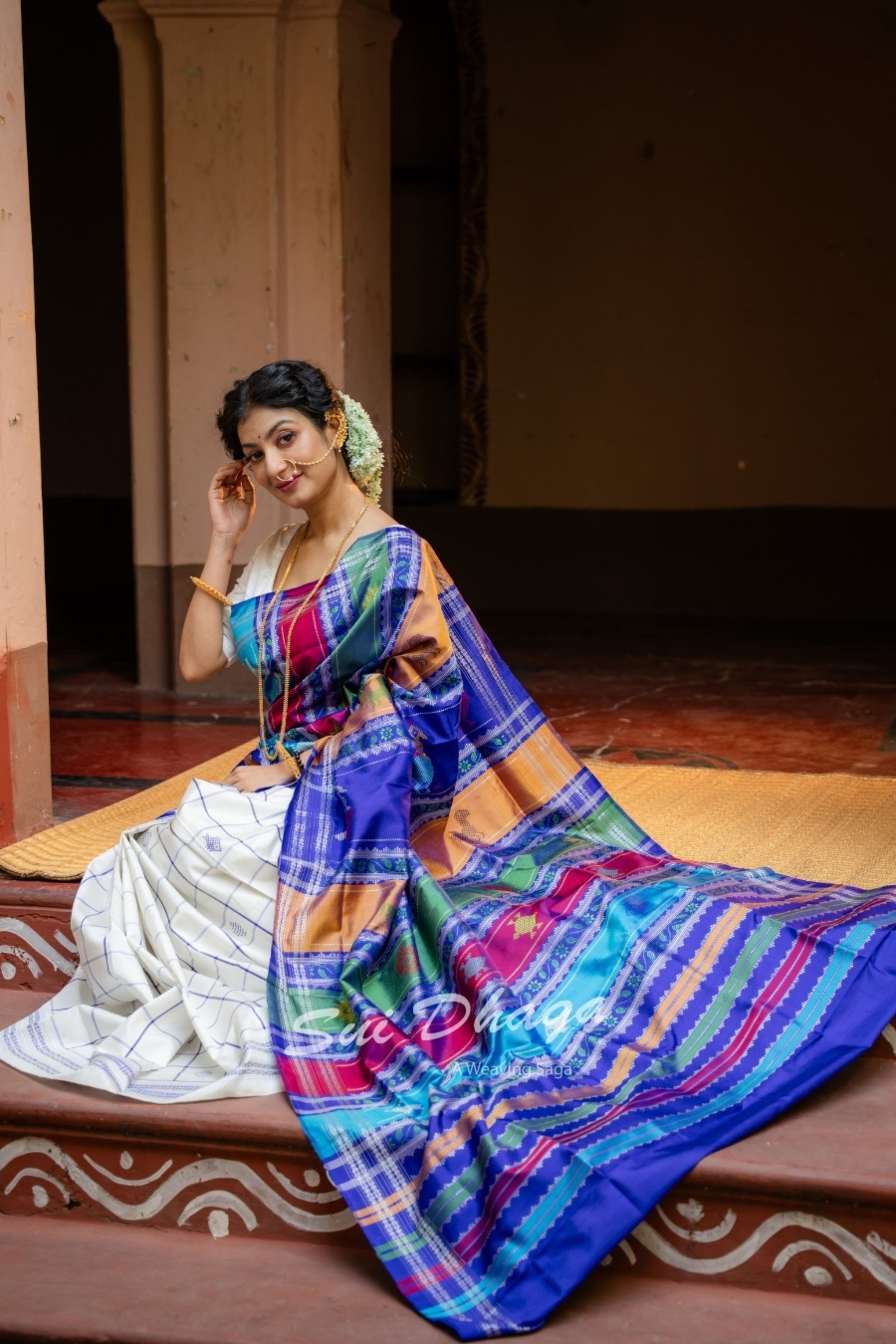 Blue Checkered Pure Silk Saree