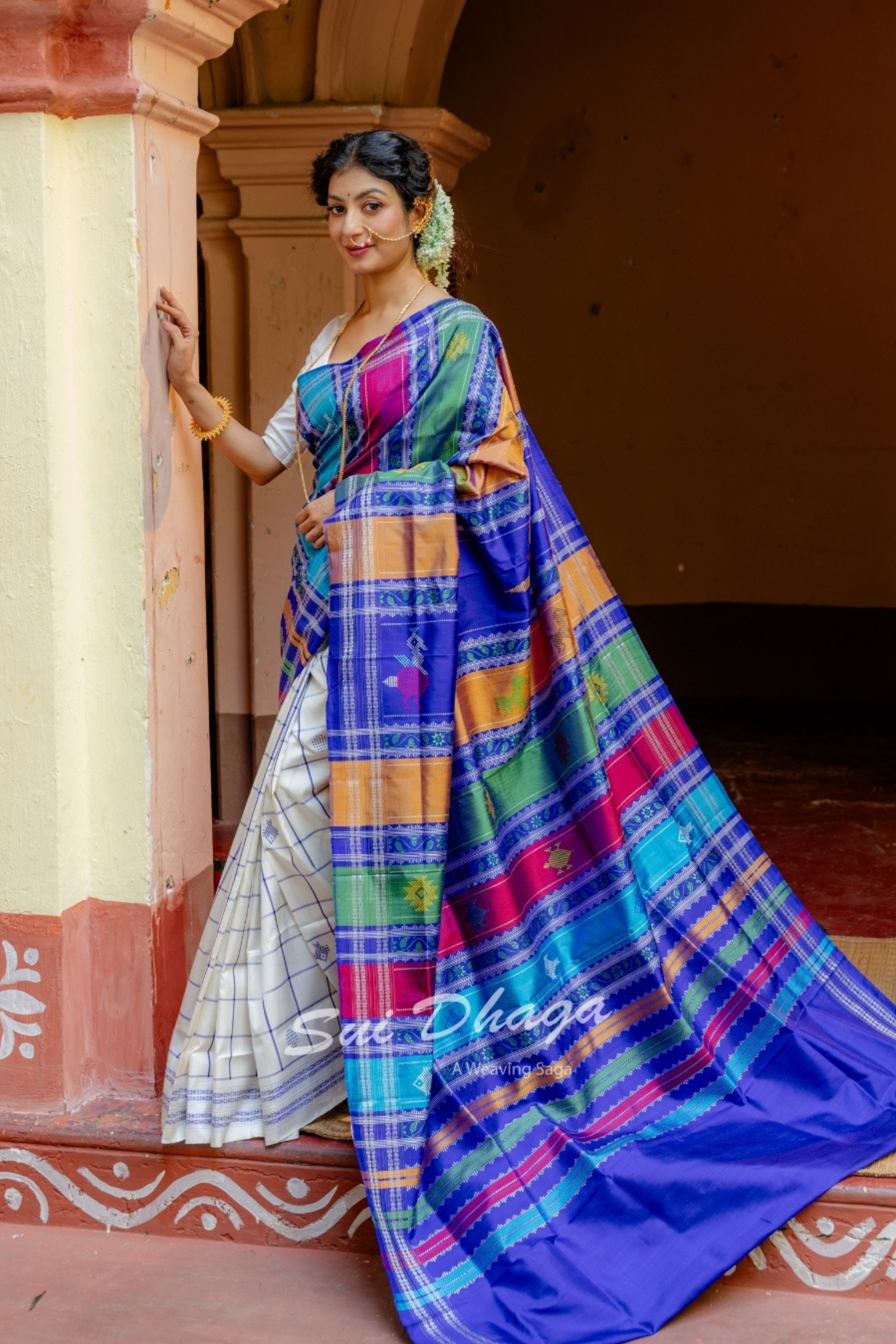 Blue Checkered Pure Silk Saree