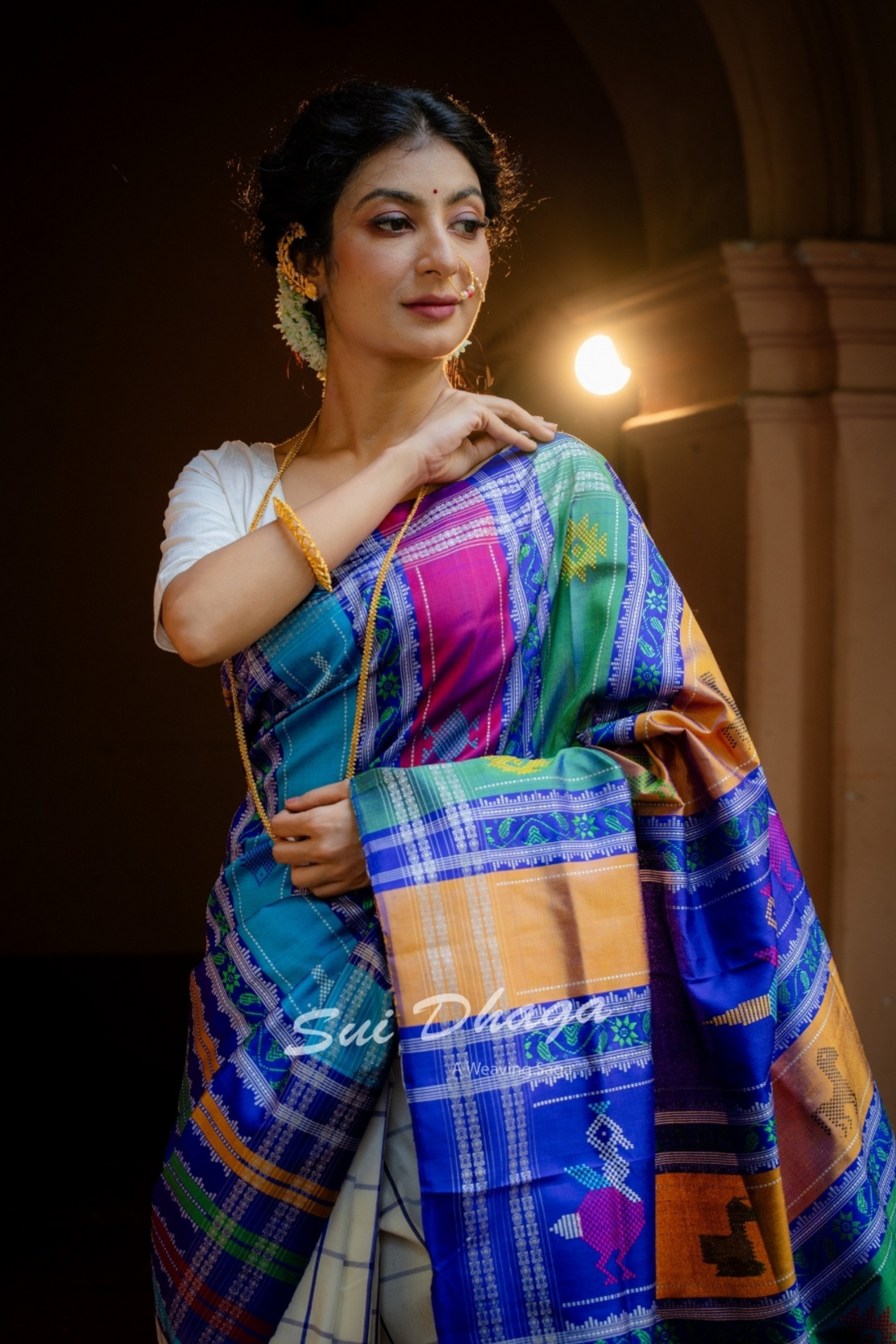 Blue Checkered Pure Silk Saree