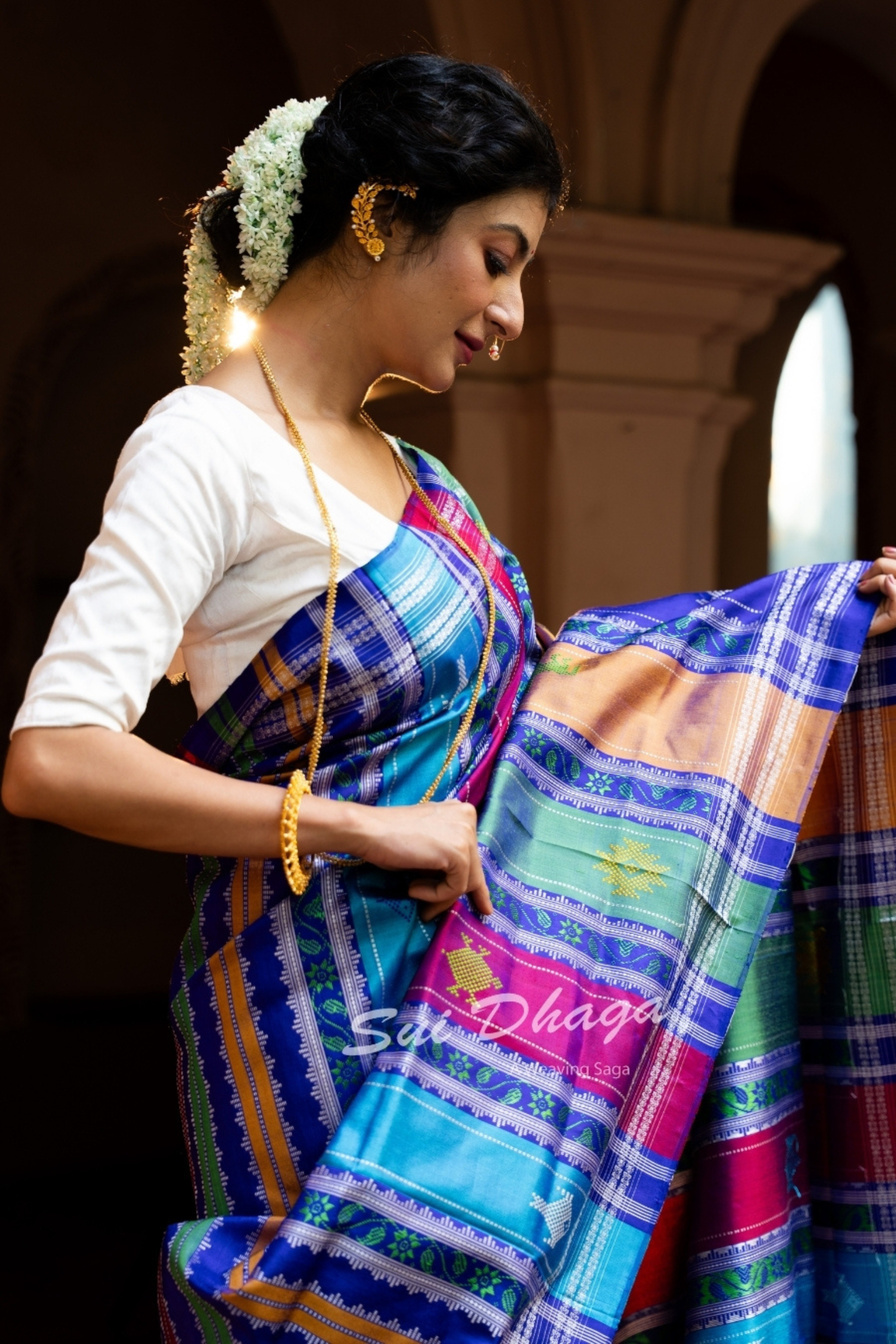 Blue Checkered Pure Silk Saree