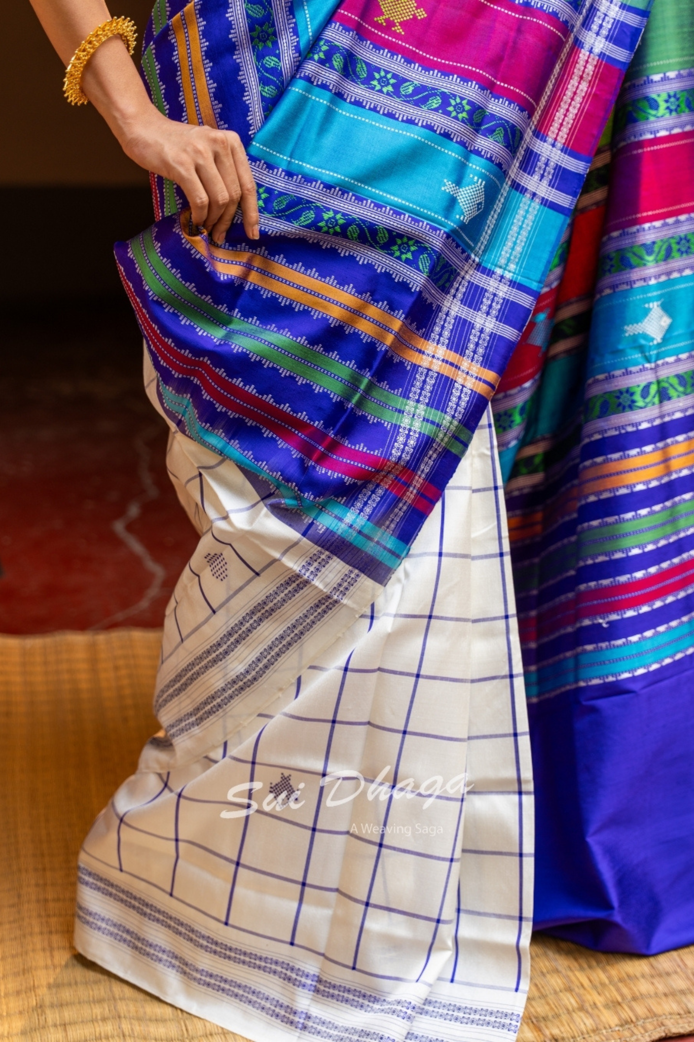 Blue Checkered Pure Silk Saree