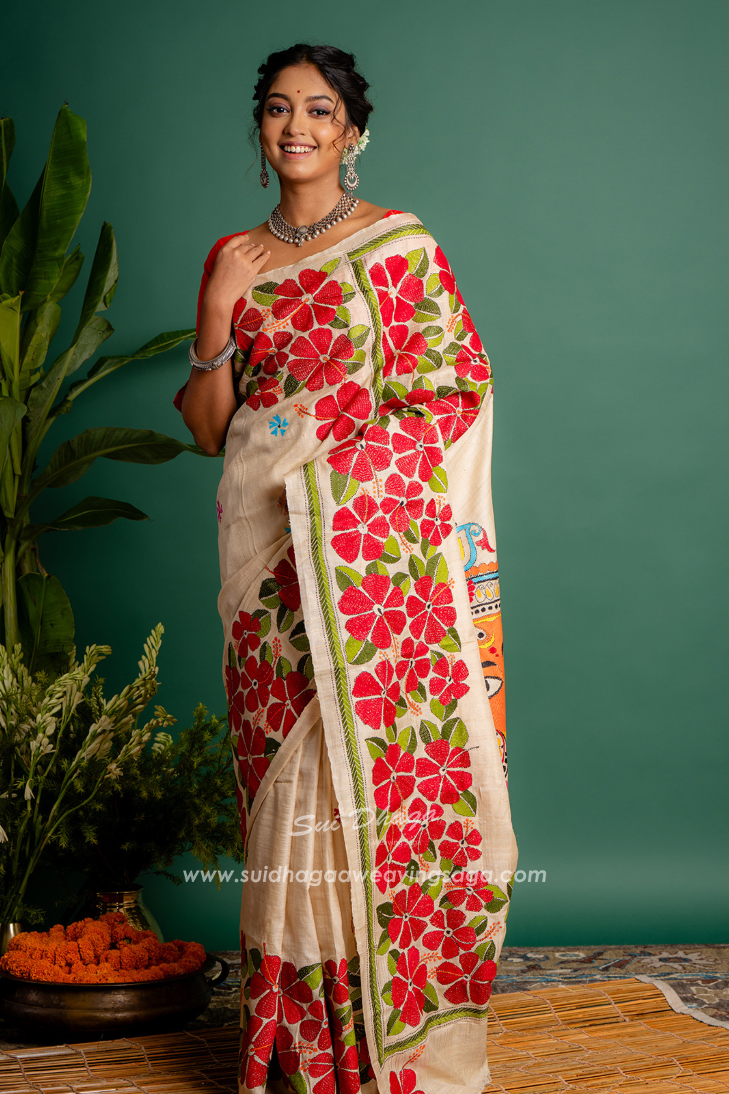 Durga Maa Kantha Stitch Tussar Saree