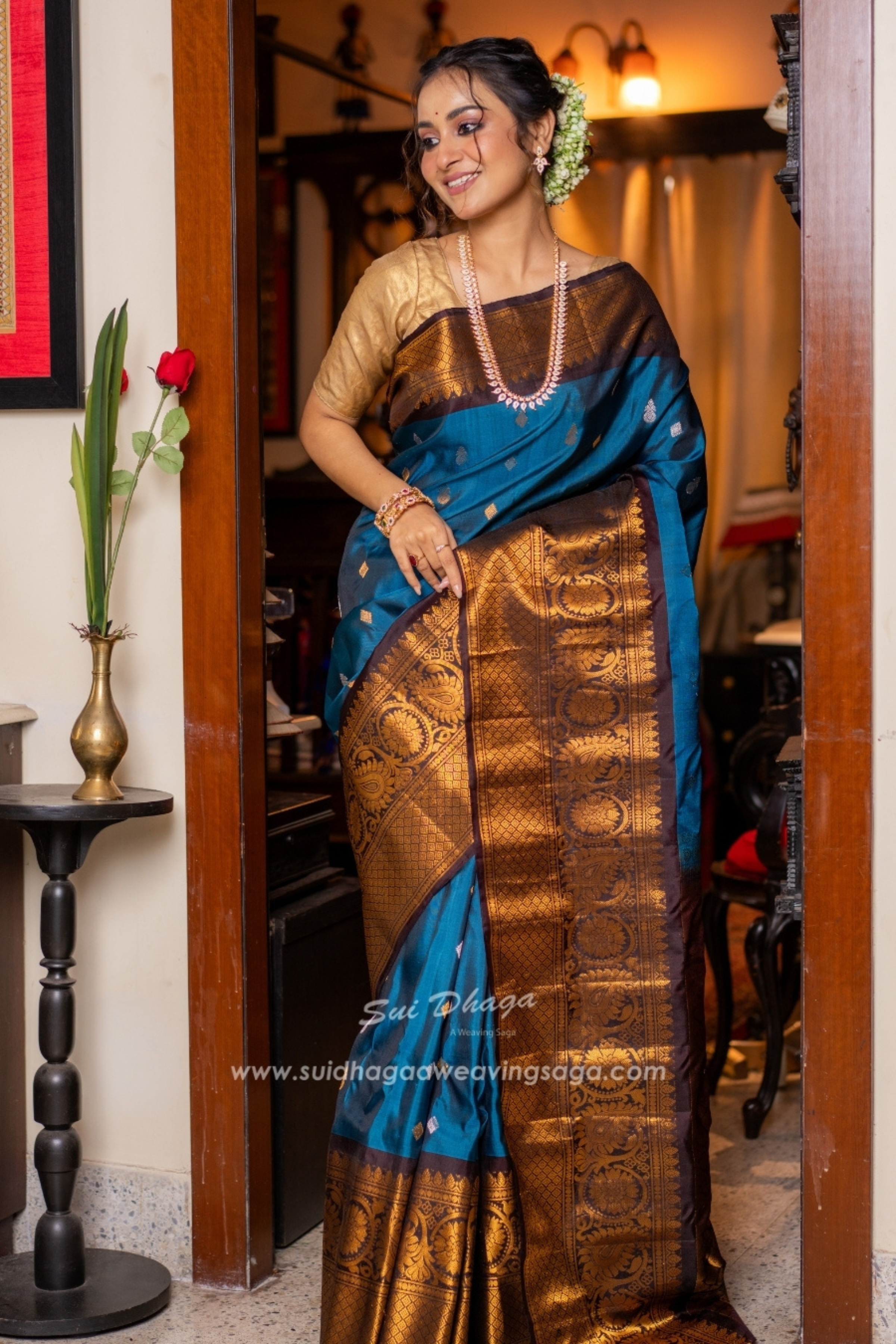 Teal Blue Pure Silk Saree