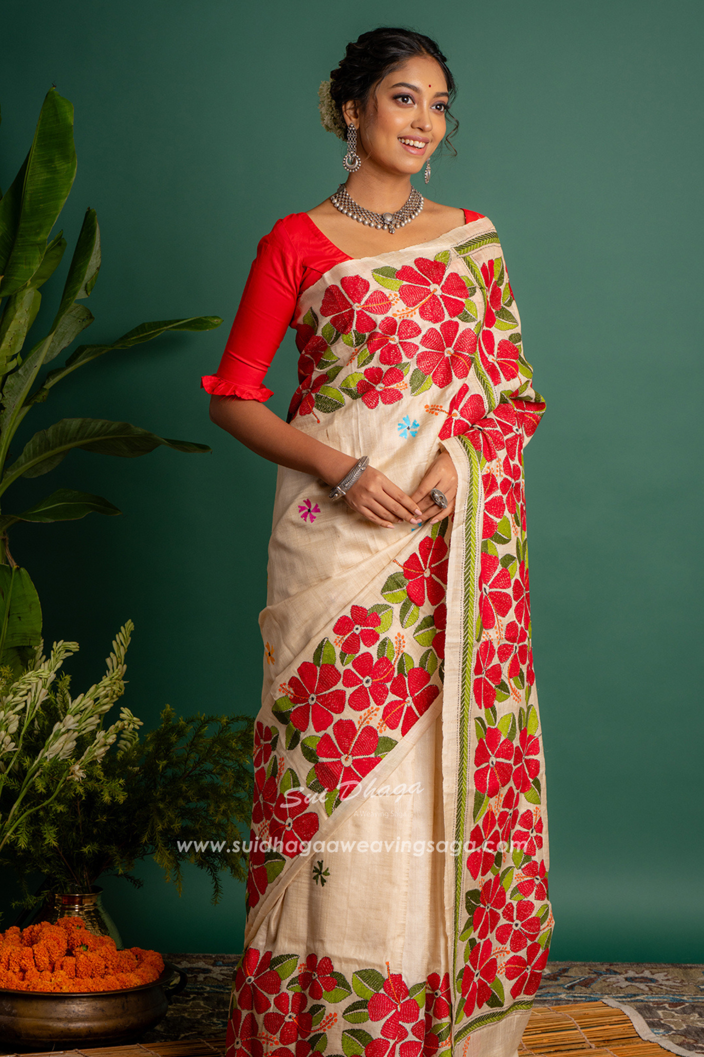 Durga Maa Kantha Stitch Tussar Saree