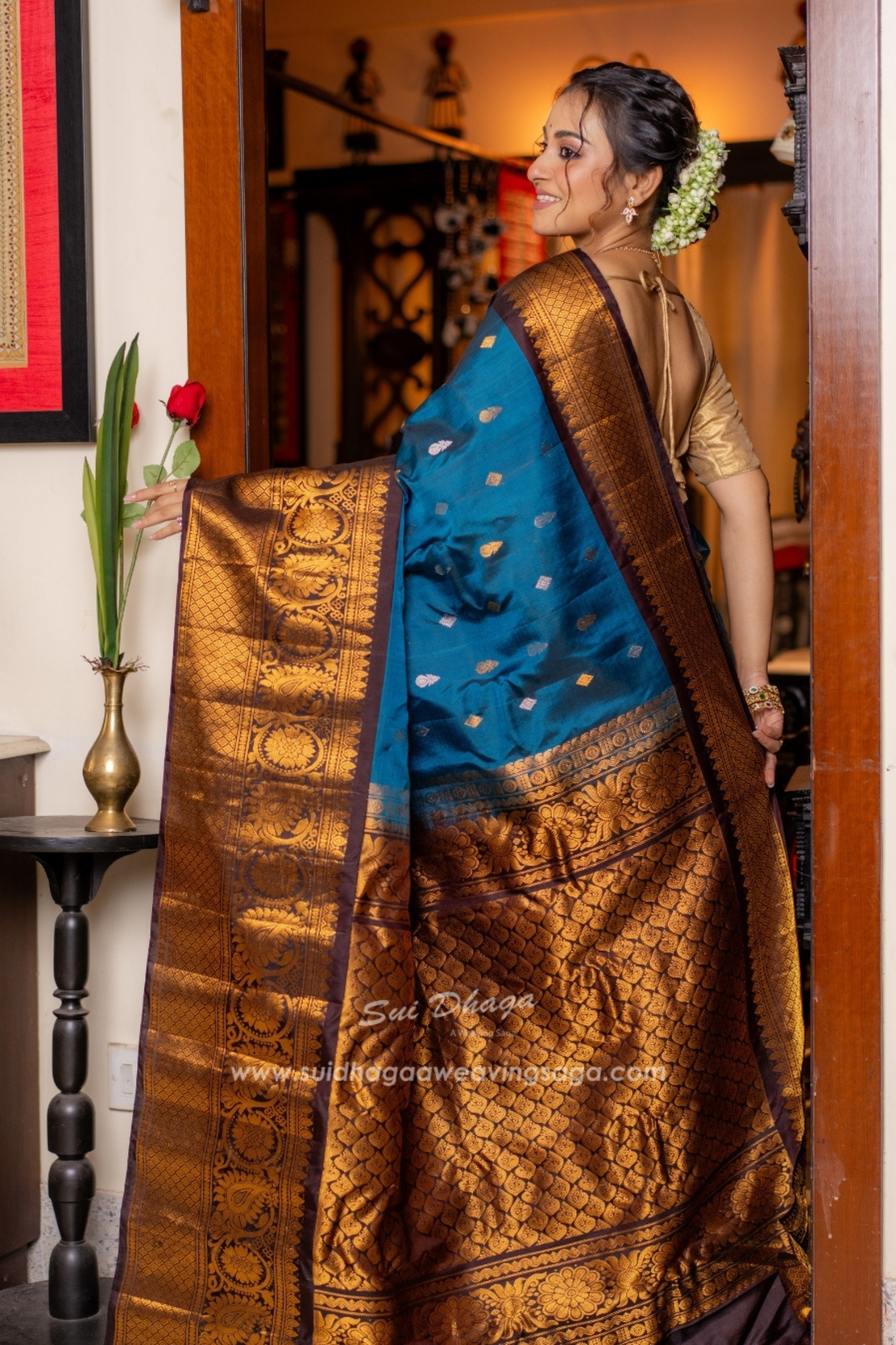 Teal Blue Pure Silk Saree