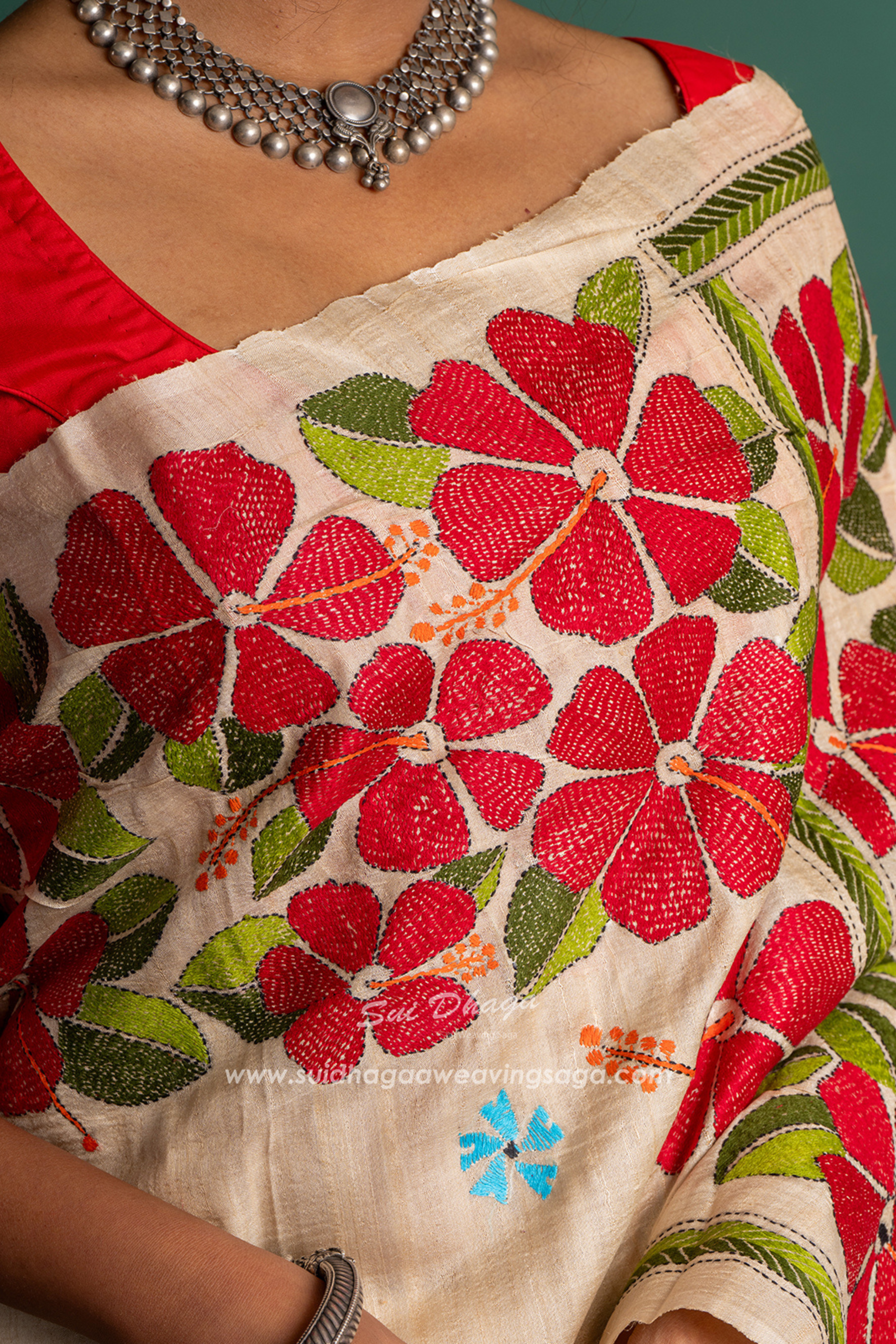 Durga Maa Kantha Stitch Tussar Saree
