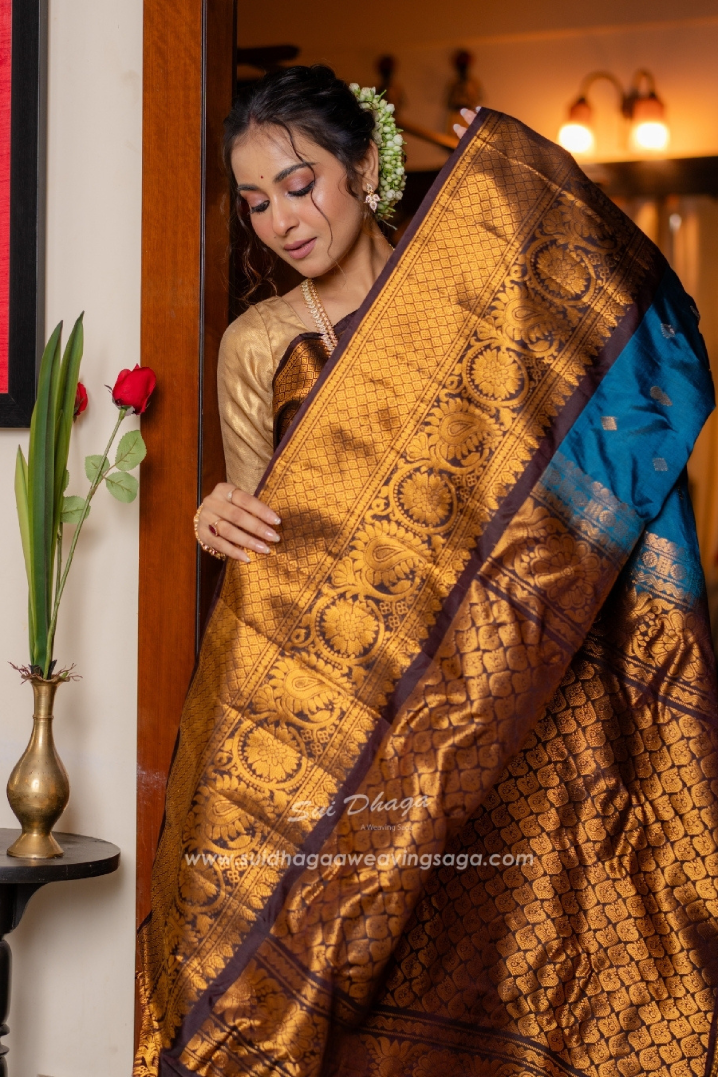 Teal Blue Pure Silk Saree