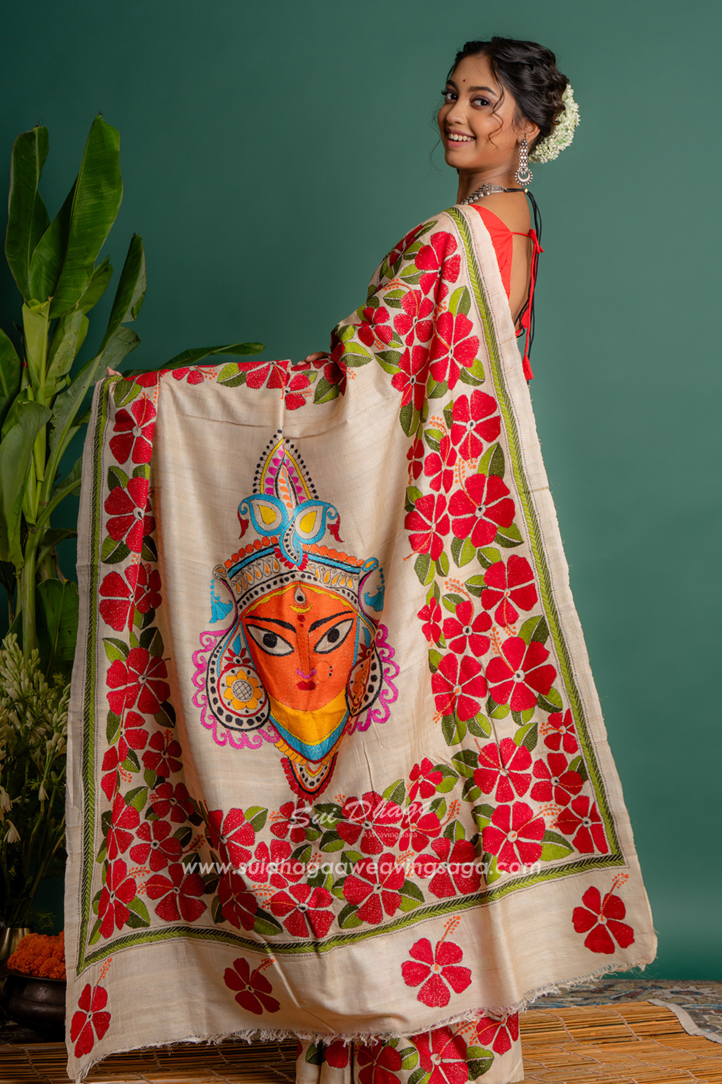 Durga Maa Kantha Stitch Tussar Saree