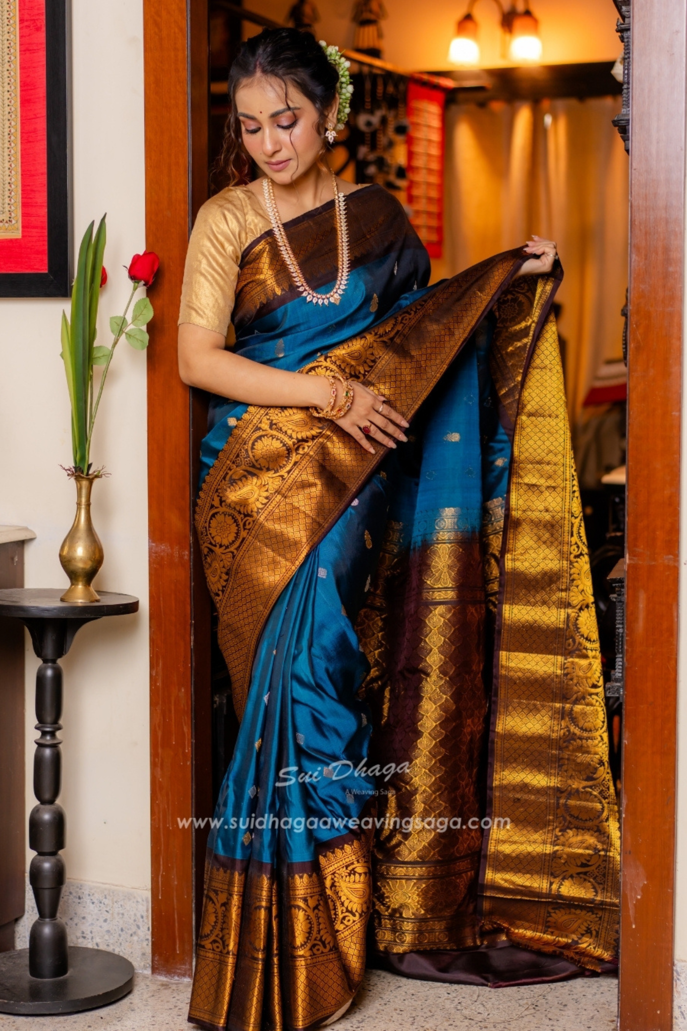Teal Blue Pure Silk Saree
