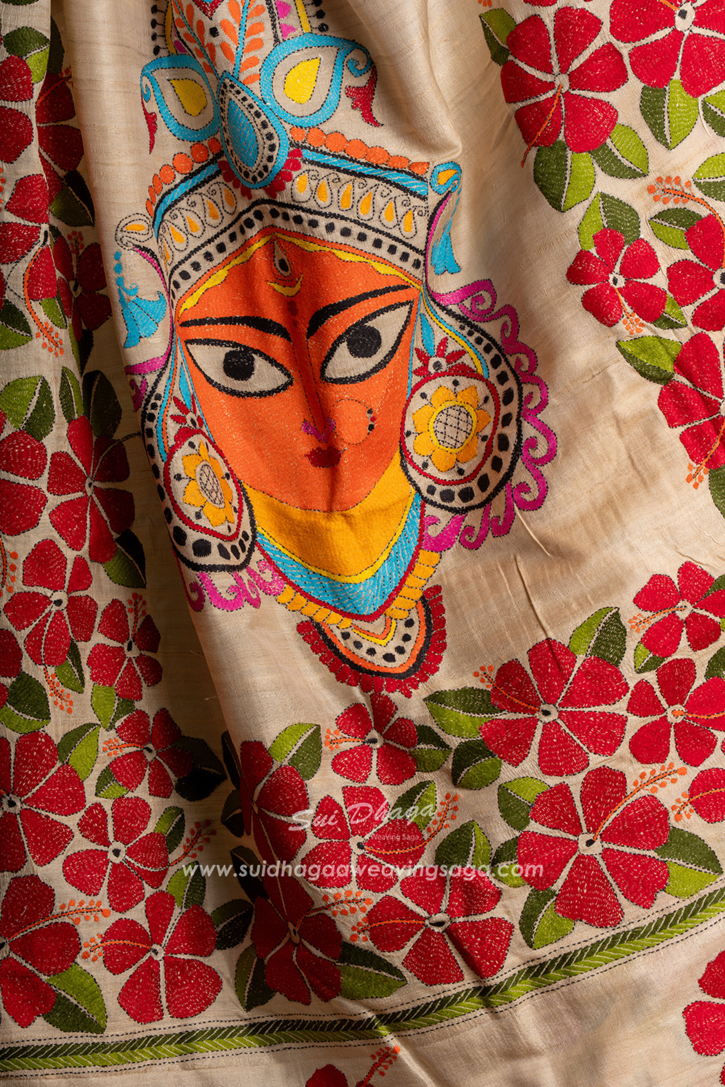 Durga Maa Kantha Stitch Tussar Saree