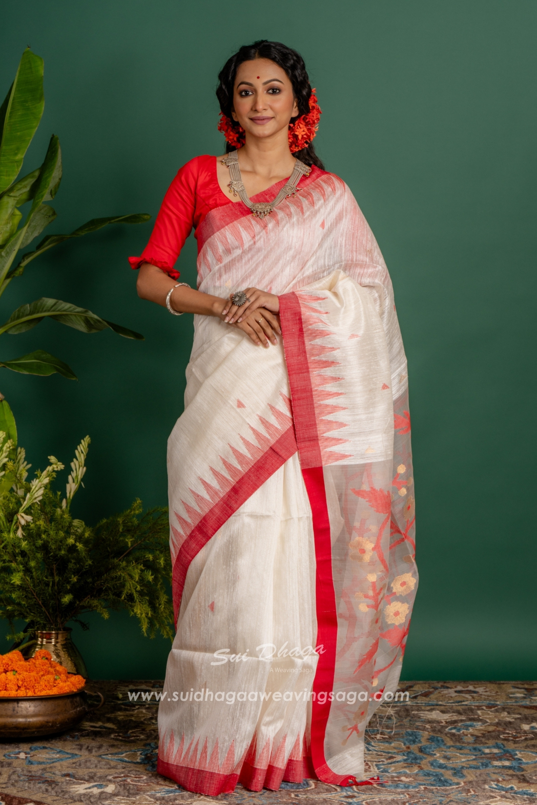 Red Border Matka Jamdani Saree