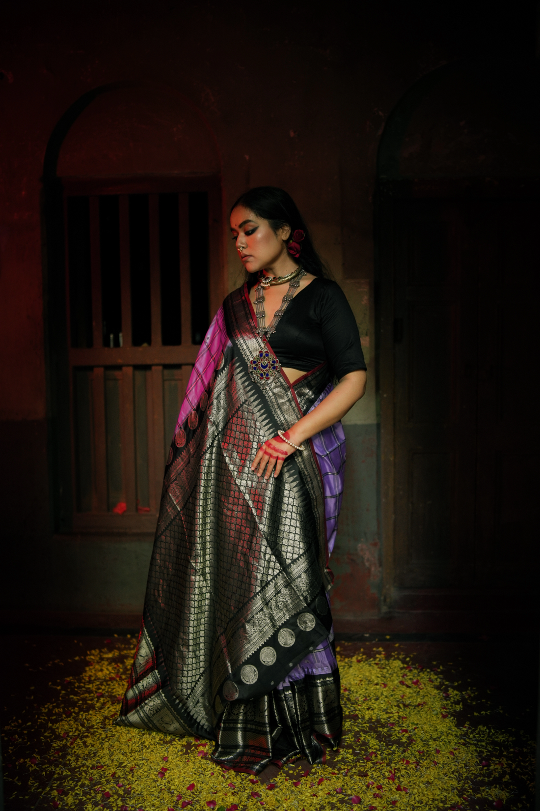 Dark Mauve Coloured Checkered pure silk Gadwal in silver zari