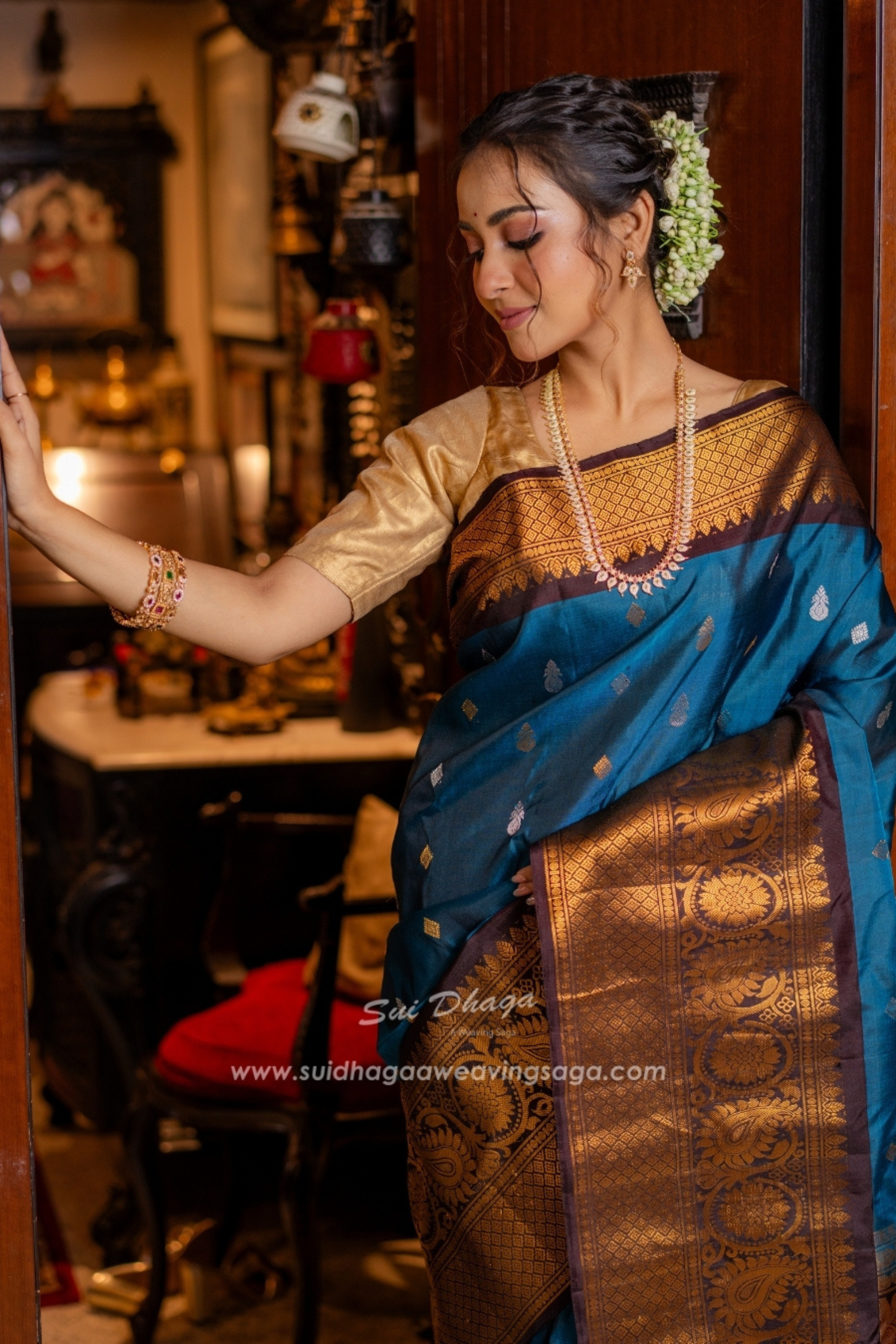 Teal Blue Pure Silk Saree