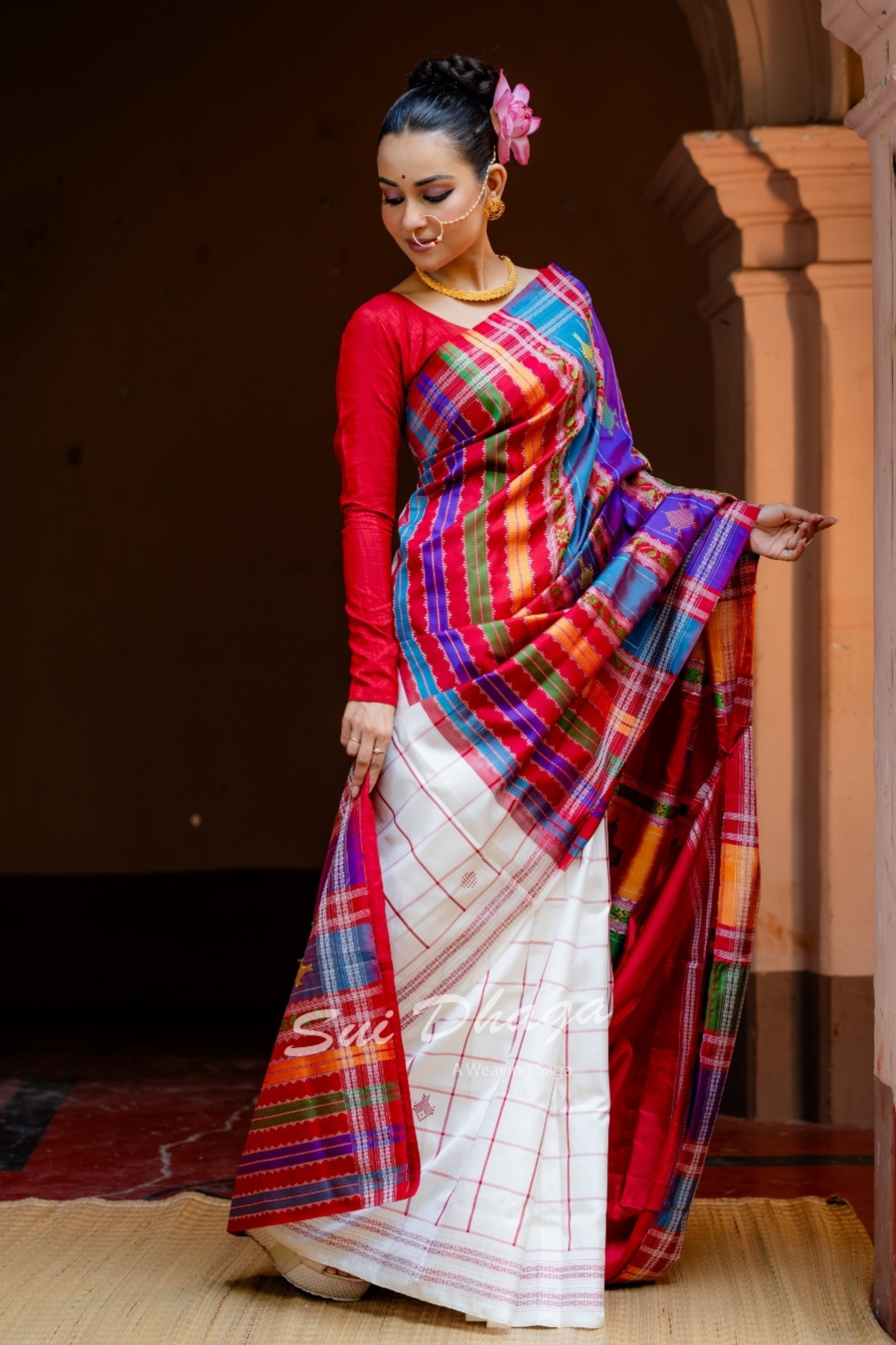 Red Checkered Pure Silk Saree