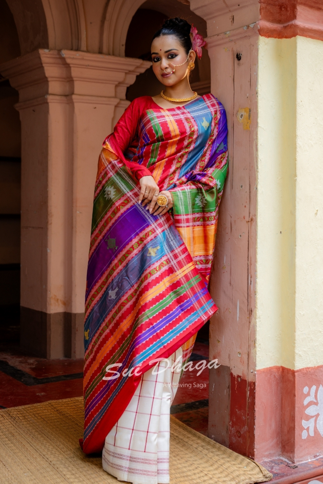 Red Checkered Pure Silk Saree