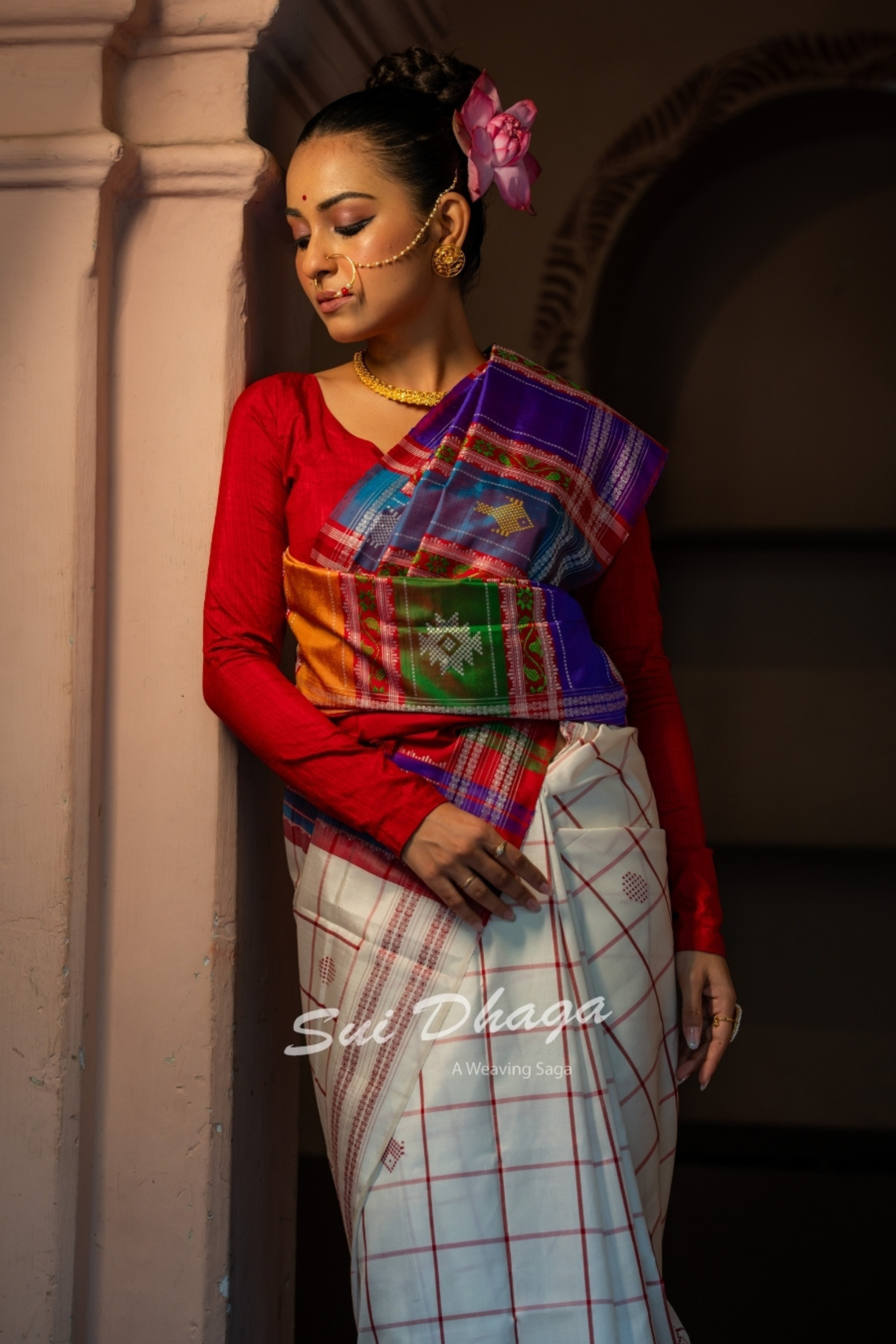 Red Checkered Pure Silk Saree