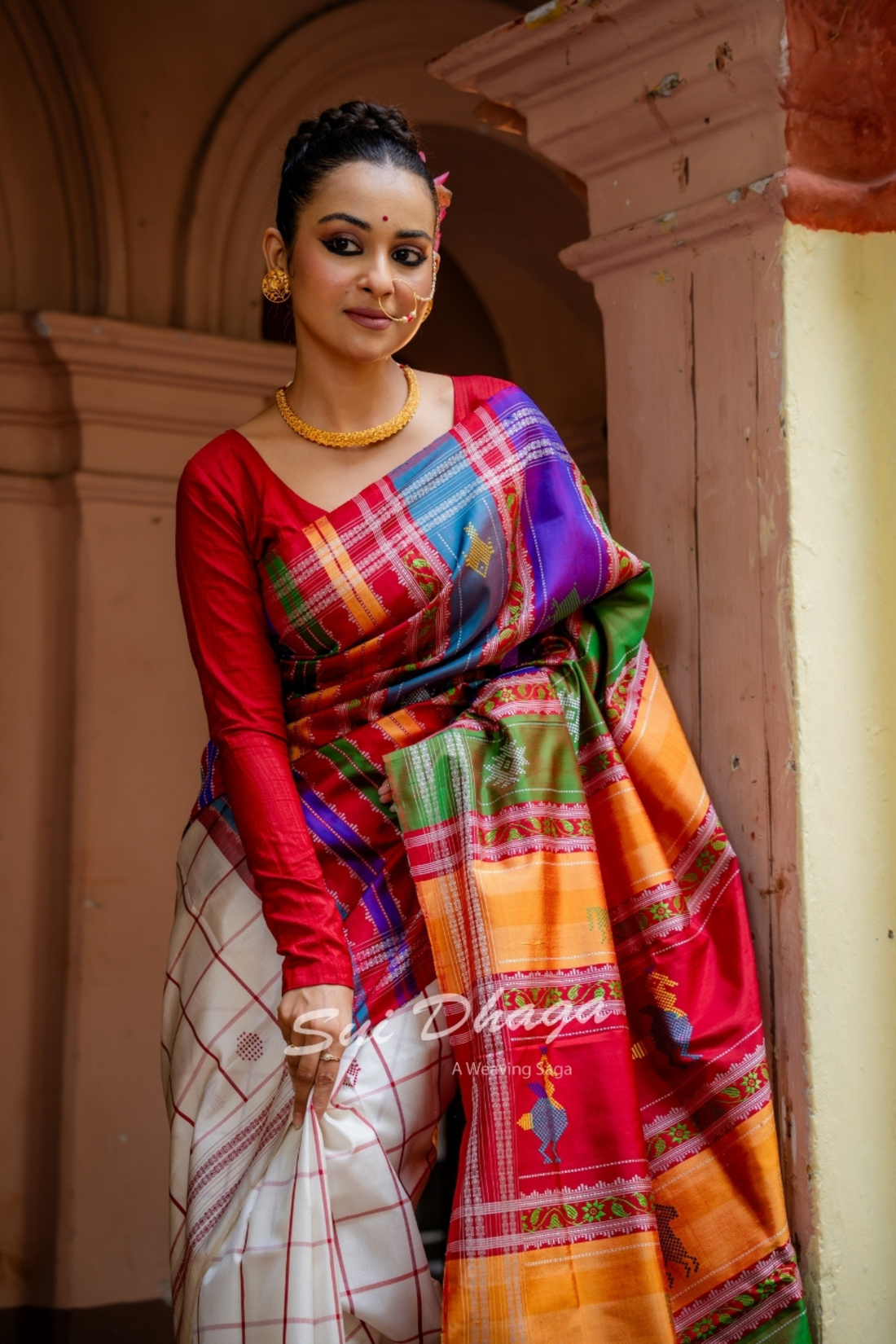 Red Checkered Pure Silk Saree