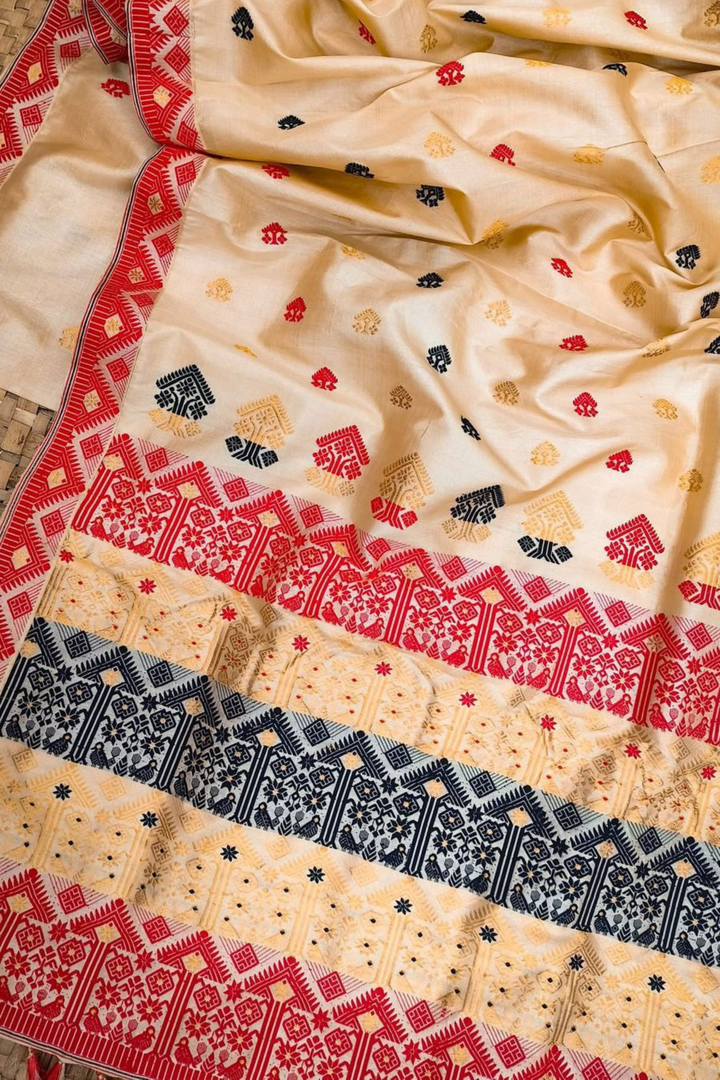 Pure Tussar Assam Silk Saree with Red Contrast Border