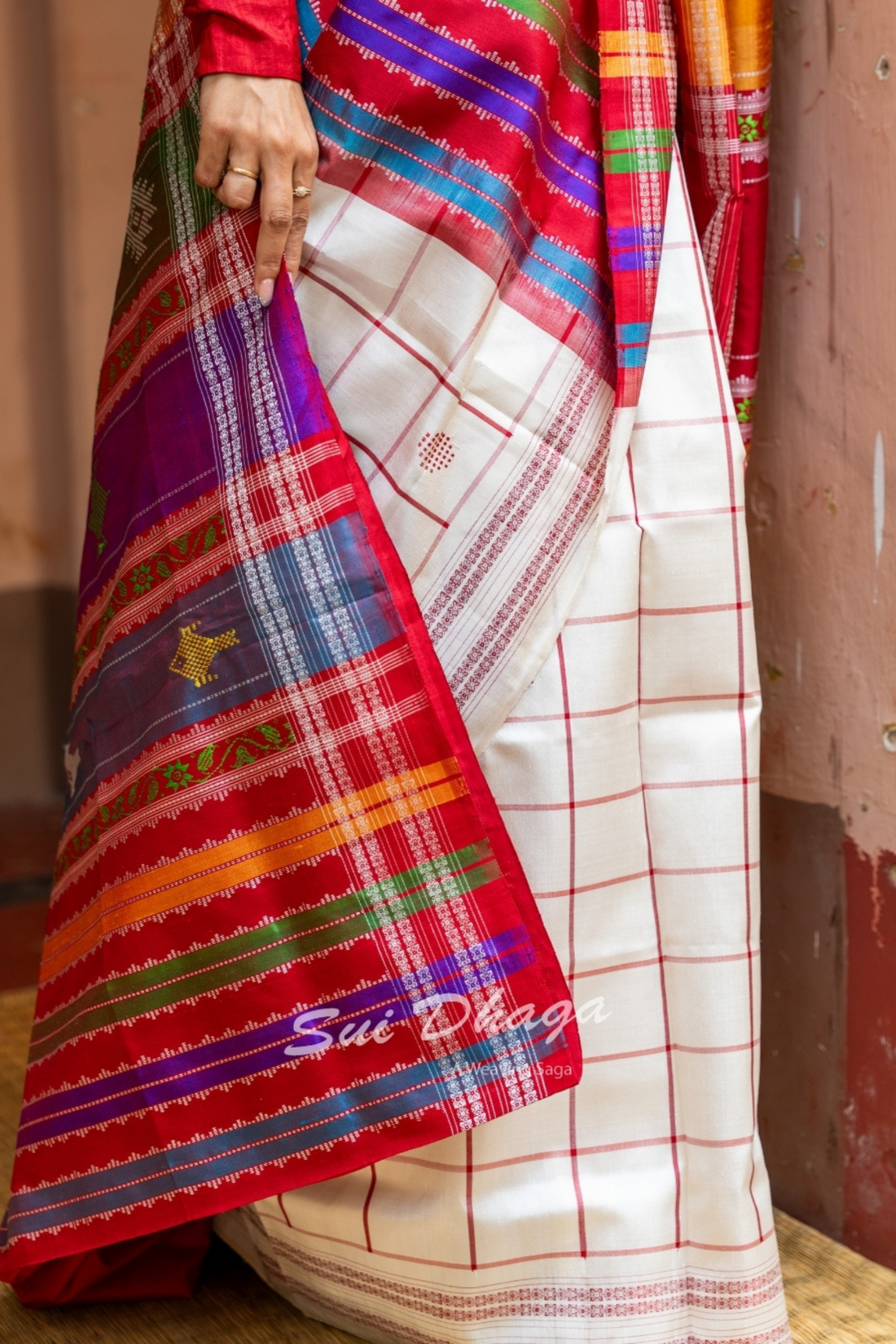 Red Checkered Pure Silk Saree