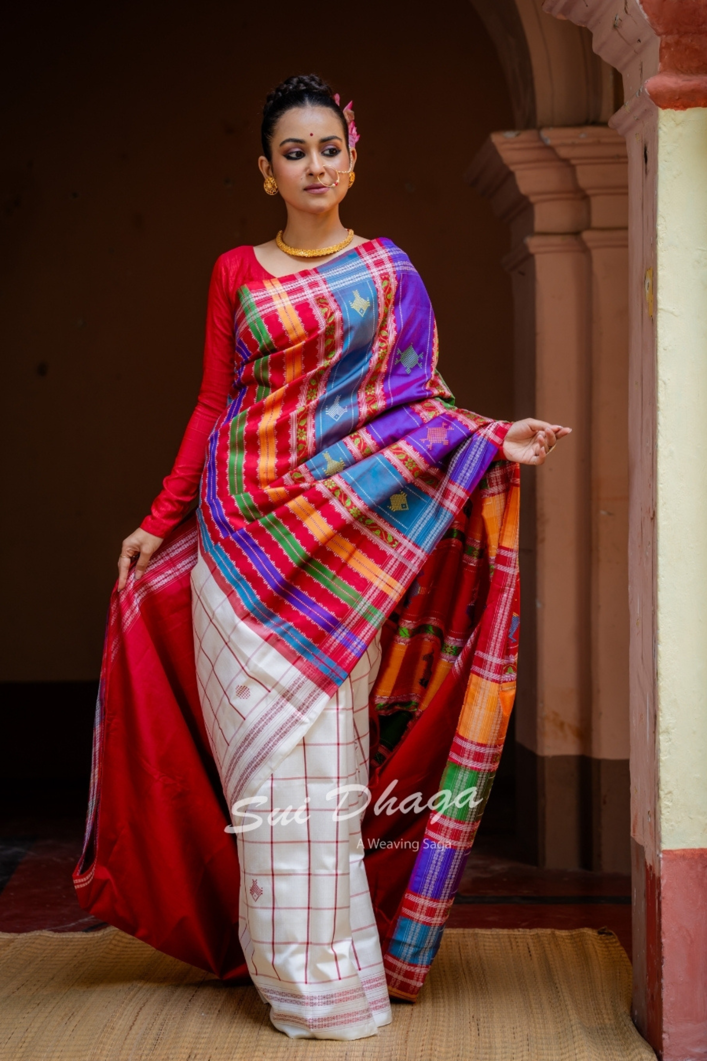 Red Checkered Pure Silk Saree