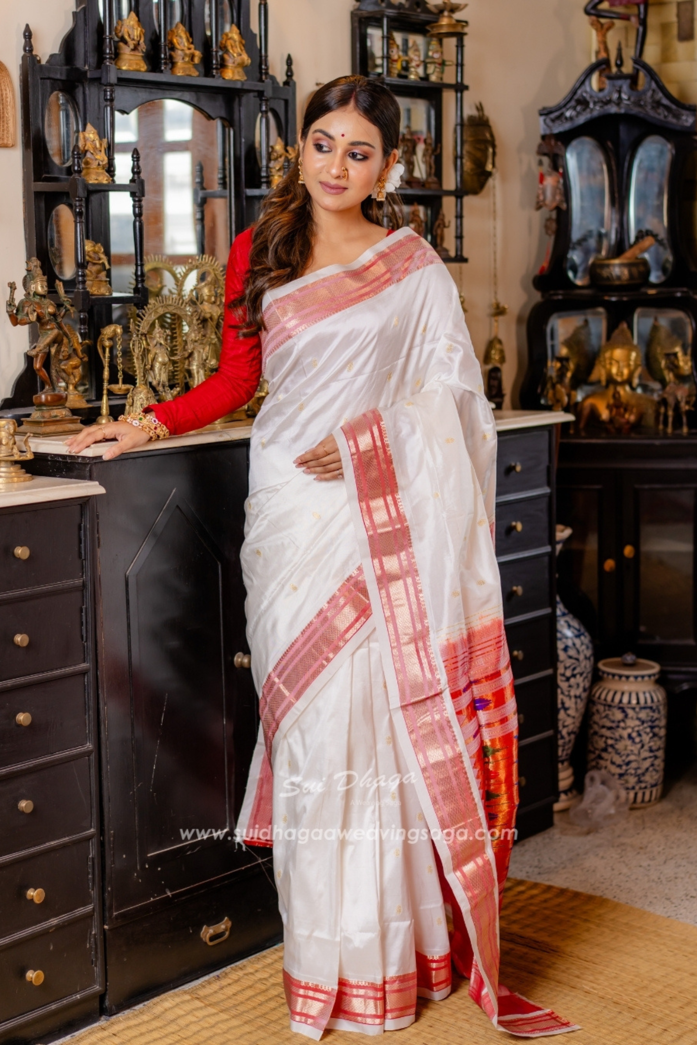 Paithani White Pure Silk Saree