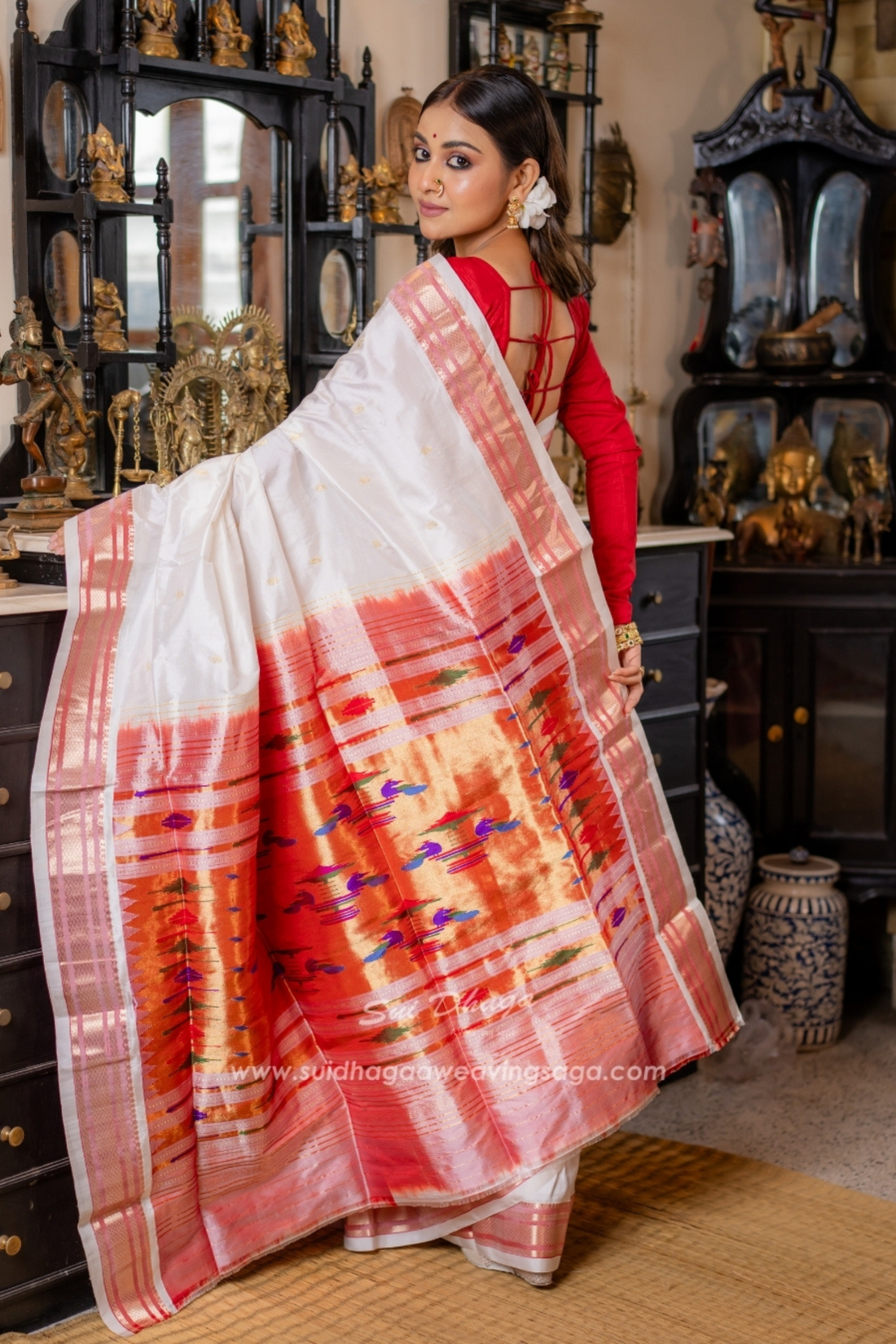 Paithani White Pure Silk Saree