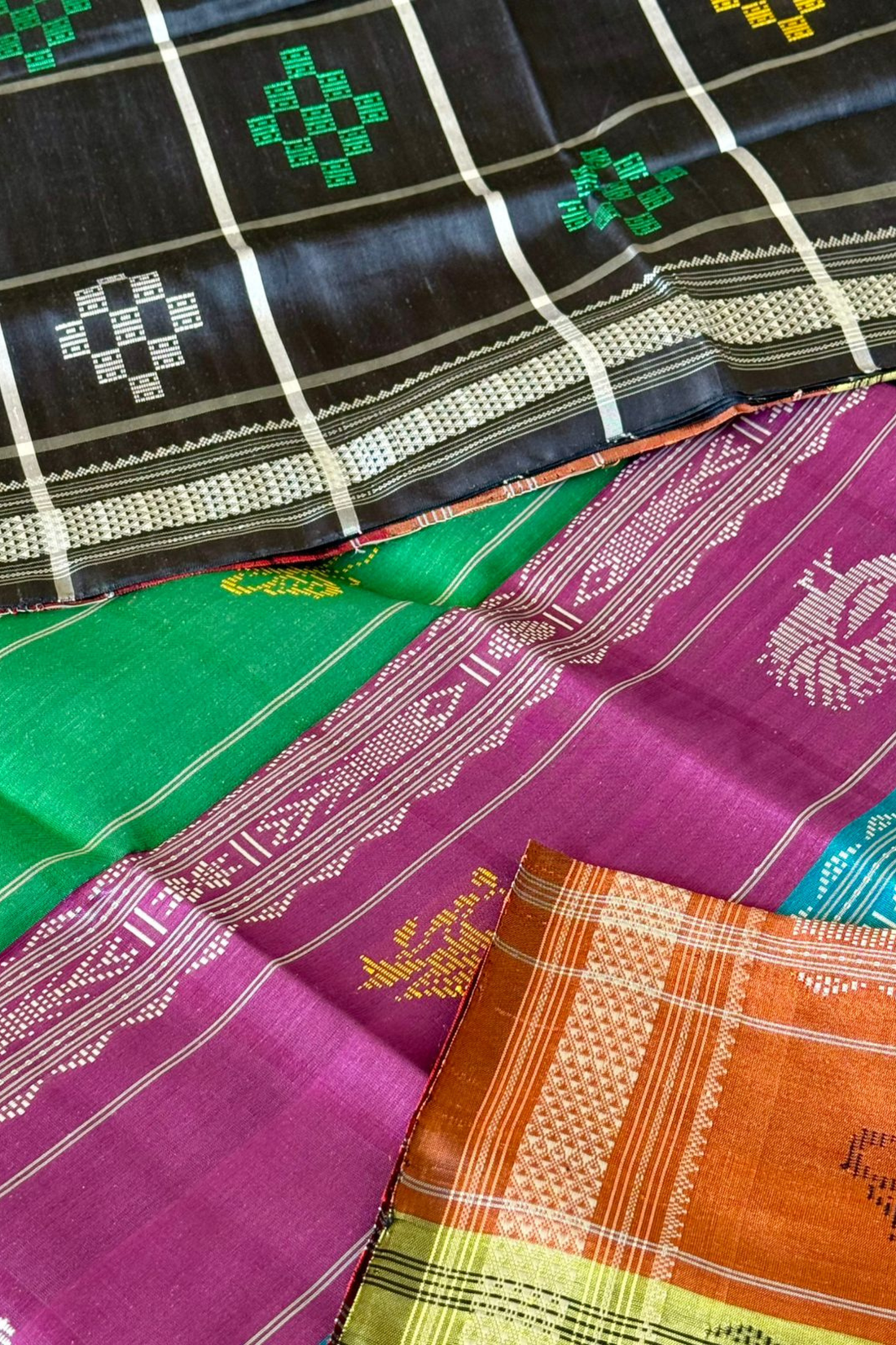 Black Checkered Passapali Double Pallu Berhampuri Silk Saree